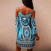 Laden Sie das Bild in den Galerie-Viewer, Blaues Schulterfreies Bedrucktes Kleid
