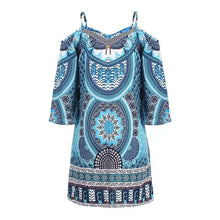Laden Sie das Bild in den Galerie-Viewer, Blaues Schulterfreies Bedrucktes Kleid
